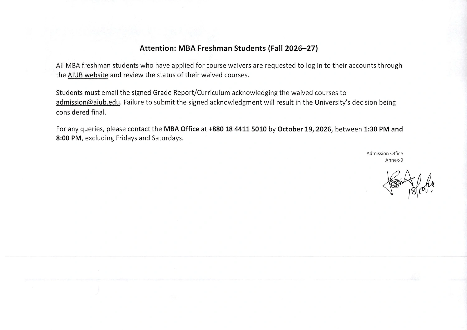 Notice for MBA Freshman Students Regarding Course Waivers – Fall 2026–27